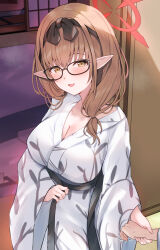 Rule 34 | 1girl, 1other, absurdres, bath yukata, blue archive, blush, bow, breasts, brown eyes, brown hair, chinatsu (blue archive), cleavage, glasses, hair bow, hair ornament, halo, highres, holding hands, horns, indoors, japanese clothes, kimono, large breasts, long hair, looking at viewer, mi taro333, multiple horns, no eyewear, open mouth, pointy ears, red halo, smile, solo focus, yukata
