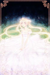 Rule 34 | 1girl, bare shoulders, bishoujo senshi sailor moon, blonde hair, crescent, crescent facial mark, crystal, gem (symbol), dolcexxx, double bun, dress, facial mark, floating hair, forehead mark, framed, highres, long hair, pale color, parted lips, princess serenity, solo, sparkle, tsukino usagi, twintails, very long hair, white dress, white theme