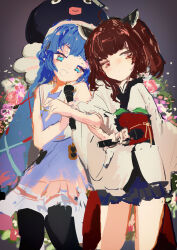 Rule 34 | 2girls, absurdres, ahoge, black pantyhose, black skirt, blue dress, blue eyes, blue hair, blunt bangs, brown hair, closed mouth, commentary request, dot mouth, dress, eel hat, expressionless, floral background, gradient dress, grey background, half-closed eyes, hat, head tilt, headgear, heads together, highres, holding, holding microphone, japanese clothes, kabuyama kaigi, kimono, locked arms, long sleeves, looking at viewer, low twintails, microphone, multiple girls, obi, obijime, open mouth, otomachi una, otomachi una (talkex), pantyhose, pink dress, pink eyes, pleated dress, sailor collar, sailor dress, sash, short dress, side-by-side, skirt, sleeveless, sleeveless dress, smile, standing, talkex, touhoku kiritan, twintails, vignetting, vocaloid, voiceroid, white kimono, white sailor collar, wide sleeves