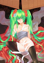 Rule 34 | 1girl, breasts, flower, green eyes, green hair, hair flower, hair ornament, hatsune miku, japanese clothes, long hair, matching hair/eyes, medium breasts, navel, nipples, nude, oe-eo, pussy, solo, thighhighs, twintails, uncensored, very long hair, vocaloid