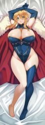 Rule 34 | 1girl, :o, armpits, arms up, artoria pendragon (fate), artoria pendragon (lancer) (fate), blonde hair, blue gloves, blue leotard, blue thighhighs, blush, breasts, cape, cleavage, elbow gloves, fate/grand order, fate (series), feet, fur-trimmed cape, fur trim, gloves, green eyes, heattech leotard, highres, holding own arm, large breasts, legs together, leotard, lying, on back, single thighhigh, solo, thick thighs, thigh gap, thighhighs, thighs, turtleneck, udon (udonalium)