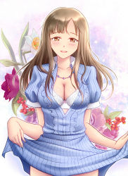 Rule 34 | 10s, 1girl, blush, bra, breasts, brown eyes, brown hair, cleavage, clothes lift, flower, idolmaster, idolmaster cinderella girls, jewelry, large breasts, long hair, mikii, mizumoto yukari, necklace, open mouth, out-of-frame censoring, skirt, skirt lift, smile, solo, underwear