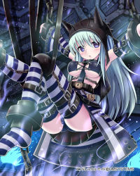 Rule 34 | 1girl, aqua hair, arms up, bdsm, blue eyes, blush, bondage, bound, breasts, cuffs, detached sleeves, givuchoko, hat, lock, long hair, looking at viewer, original, shackles, skirt, solo, striped clothes, striped thighhighs, thighhighs, underboob