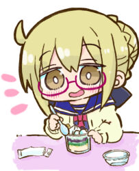 Rule 34 | 1girl, artoria pendragon (fate), blonde hair, blue sailor collar, blue shirt, blush, braid, braided bun, brown cardigan, brown eyes, cardigan, chibi, commentary request, cup, disposable cup, fate/grand order, fate (series), food, glasses, hair between eyes, hair bun, holding, holding spoon, kasuga yuuki, mysterious heroine x alter (fate), notice lines, open cardigan, open clothes, open mouth, purple-tinted eyewear, sailor collar, school uniform, semi-rimless eyewear, serafuku, shirt, simple background, smile, solo, spoon, tinted eyewear, under-rim eyewear, upper body, white background