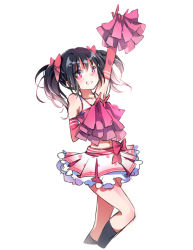 Rule 34 | 10s, 1girl, arm up, bad id, bad pixiv id, black hair, captain yue, cheerleader, duizhang, elbow gloves, gloves, looking at viewer, love live!, love live! school idol project, midriff, navel, pink eyes, pom pom (cheerleading), red gloves, short hair, simple background, skirt, smile, socks, solo, takaramonozu, twintails, white background, yazawa nico