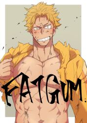 Rule 34 | 1boy, bara, bare pectorals, blonde hair, boku no hero academia, bruise, character name, collarbone, fat gum (boku no hero academia), grin, highres, hood, hood down, hooded jacket, injury, jacket, long sleeves, looking at viewer, male focus, muscular, muscular male, no mask, pectorals, sanpaku, short hair, simple background, smile, solo, tearing clothes, torn clothes, yamato (pixiv29997945), yellow jacket
