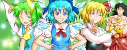 Rule 34 | 1boy, 3girls, black hair, blonde hair, blue eyes, blue hair, bracelet, broly (dragon ball z), cirno, crossed arms, crossover, daiyousei, double v, dragon ball, dragon ball z, dragonball z, fairy wings, green eyes, green hair, grin, hair ornament, hair ribbon, happy, ice, ice wings, jewelry, long hair, long sleeves, multiple girls, muscular, necklace, ohoho, open mouth, puffy short sleeves, puffy sleeves, red eyes, ribbon, rumia, short hair, short sleeves, side ponytail, smile, spiked hair, touhou, v, vest, wings