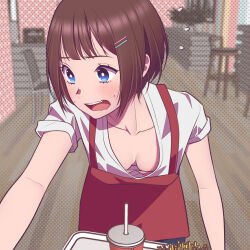 Rule 34 | 1girl, andrian januar adilia, apron, blue eyes, breasts, brown hair, collarbone, downblouse, drink, flying sweatdrops, food, french fries, highres, medium breasts, mole, mole on breast, open mouth, original, red apron, shirt, short hair, short sleeves, solo, sweat, teeth, upper body, upper teeth only, wavy mouth, white shirt