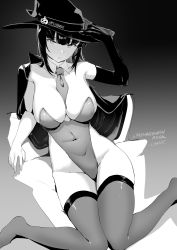 Rule 34 | 1girl, absurdres, between breasts, breasts, covered navel, detached collar, elbow gloves, gloves, gradient background, greyscale, groin, hand on headwear, hat, highleg, highleg leotard, highres, large breasts, leotard, long hair, looking at viewer, lynus, monochrome, naoko-san, necktie, necktie between breasts, original, parted lips, single elbow glove, sitting, solo, thighhighs, witch hat