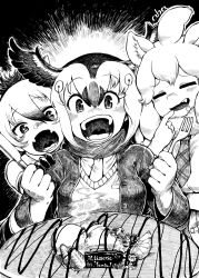 Rule 34 | + +, 3girls, aardwolf (kemono friends), animal ears, atlantic puffin (kemono friends), bare shoulders, bird wings, cloud, drooling, elbow gloves, fang, fangs, finger to mouth, food, fork, fur collar, furrowed brow, gloves, greyscale, hair between eyes, hand on another&#039;s shoulder, hand up, hands up, handsdsds, happy, head wings, highres, holding, holding behind back, holding fork, holding knife, jacket, kemono friends, knife, lion ears, long hair, long sleeves, monochrome, multicolored hair, multiple girls, necktie, open mouth, scarf, shirt, skin fangs, sleeveless, sleeveless shirt, sweater vest, upper body, white lion (kemono friends), wings