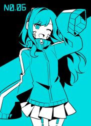 Rule 34 | 1girl, :d, aqua theme, blue background, blue eyes, blue hair, blue jacket, blue theme, commentary, cosplay, cowboy shot, ene (kagerou project), ene (kagerou project) (cosplay), facial mark, flat color, jacket, kagerou project, long hair, looking at viewer, numbered, one eye closed, open mouth, project sekai, shiraishi an, skirt, sleeves past fingers, sleeves past wrists, smile, solo, waka (wk4444), white skirt, zipper pull tab