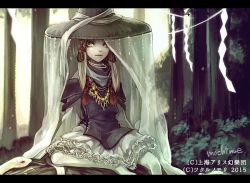 Rule 34 | 1girl, blonde hair, closed mouth, embellished costume, forest, frills, green eyes, hair ribbon, hat, jewelry, letterboxed, long hair, long sleeves, looking at viewer, mishaguji, mochinue, moriya suwako, nature, necklace, outdoors, paper, ribbon, ring, ring necklace, shide, sitting, smile, snake, solo, tassel, text focus, touhou, tree, veil, white legwear, white ribbon