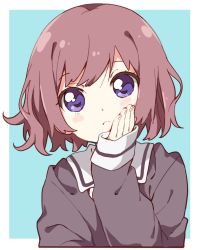 Rule 34 | 1girl, blue background, blush, blush stickers, brown hair, character request, closed mouth, copyright request, curly hair, highres, long sleeves, looking at viewer, namori, purple eyes, short hair, simple background, sketch, sleeves past wrists, solo, upper body