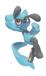 Rule 34 | absurdres, creatures (company), full body, game freak, gen 4 pokemon, highres, looking at viewer, nintendo, no humans, nullma, open mouth, pokemon, pokemon (creature), riolu, signature, simple background, solo, white background