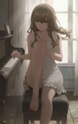 Rule 34 | 1girl, absurdres, backlighting, barefoot, collarbone, dark green hair, dress, feet on chair, free style (yohan1754), green eyes, hair between eyes, hand on own knee, highres, indoors, instrument, knee up, long hair, original, parted lips, piano, piano bench, piano keys, sitting, solo, thighs, toes, white dress, window