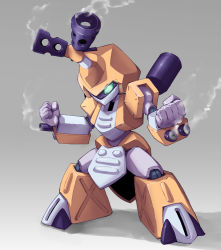 Rule 34 | clenched hand, clenched hands, fighting stance, gradient background, green eyes, gun, humanoid robot, ishibashi yosuke, medarot, metabee, no humans, robot, shadow, smoke, smoking barrel, solo, weapon