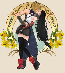 Rule 34 | 1boy, 1girl, absurdres, baggy pants, bare shoulders, black gloves, black hair, black skirt, black thighhighs, blonde hair, boots, breasts, brown gloves, closed eyes, cloud strife, couple, crop top, elbow gloves, elenachatnoir, final fantasy, final fantasy vii, final fantasy vii remake, fingerless gloves, flower, full body, gloves, hand on another&#039;s waist, hetero, highres, kiss, large breasts, leaning back, long hair, low-tied long hair, midriff, pants, red footwear, short hair, single arm guard, skirt, sleeveless, sleeveless turtleneck, spiked hair, standing, suspender skirt, suspenders, sweater, tank top, thighhighs, tifa lockhart, turtleneck, turtleneck sweater, very long hair, white tank top, yellow flower, zettai ryouiki