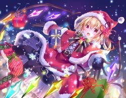 Rule 34 | 1girl, :d, alternate costume, bell, belt, belt buckle, black gloves, black pantyhose, blonde hair, blush, boots, bow, bowtie, box, buckle, capelet, christmas, commentary request, cross-laced clothes, cross-laced footwear, crystal, dutch angle, fang, feeding, flandre scarlet, flower, fur-trimmed capelet, fur-trimmed hood, fur-trimmed skirt, fur-trimmed sleeves, fur trim, gift, gift box, gloves, hair flower, hair ornament, hat, holly, hood, hood up, hooded capelet, knee boots, kure~pu, lace-up boots, long sleeves, looking at viewer, medium hair, night, night sky, one side up, open mouth, outstretched arms, pantyhose, poinsettia, pom pom (clothes), red eyes, red skirt, santa costume, santa hat, skirt, sky, smile, snowflakes, snowing, solo, spread arms, striped, striped bow, touhou, wings