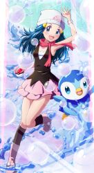 1girl :d arm_up at_kiwi beanie blue_eyes boots bubble commentary creatures_(company) dawn_(pokemon) eyelashes floating_scarf game_freak gen_4_pokemon hair_ornament hairclip happy hat holding holding_poke_ball long_hair looking_at_viewer nintendo open_mouth piplup poke_ball poke_ball_(basic) pokemon pokemon_(anime) pokemon_(creature) pokemon_dppt_(anime) poketch scarf shirt skirt sleeveless sleeveless_shirt smile socks sparkle teeth upper_teeth_only watch white_hat wristwatch