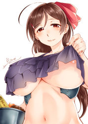 Rule 34 | 10s, 1girl, areola slip, artist name, bikini, bikini top only, breasts, bucket, highres, huge breasts, jin nai, kantai collection, looking down, mamiya (kancolle), navel, ponytail, simple background, smile, solo, swimsuit, twitter username, underboob, white background