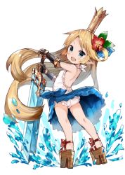 Rule 34 | 10s, 1girl, black gloves, blonde hair, blue eyes, charlotta (granblue fantasy), crown, dress, floating hair, flower, full body, geta, gloves, granblue fantasy, hair flower, hair ornament, harvin, harvin, hibiscus, holding, holding weapon, long hair, looking at viewer, meito (maze), open mouth, platform footwear, simple background, smile, solo, splashing, standing, sword, very long hair, water, weapon, white background, white dress