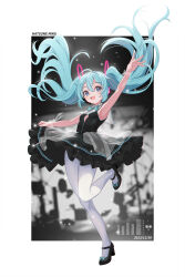 Rule 34 | 1girl, :d, absurdres, aqua bow, aqua bowtie, arm up, armpits, bare shoulders, black dress, black footwear, blue eyes, blue hair, blurry, blurry background, bow, bowtie, breasts, character name, dated, detached collar, dress, floating hair, footwear bow, frilled dress, frills, full body, hair between eyes, hair ornament, hatsune miku, headphones, headset, high heels, highres, layered dress, light particles, long hair, looking ahead, mao shi shisan, open mouth, outside border, outstretched arm, pantyhose, ribbon, see-through, skirt hold, small breasts, smile, solo, standing, standing on one leg, strapless, strapless dress, very long hair, vocaloid, white pantyhose, wrist ribbon