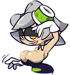 Rule 34 | 1girl, alternate breast size, areola slip, arm up, armpits, bare shoulders, breasts, cleavage, cropped torso, detached collar, female focus, gloves, grey hair, half-closed eyes, hand up, happy, jaggy lines, large breasts, looking at viewer, marie (splatoon), motion lines, nintendo, object on head, open mouth, pointy ears, shiny skin, short hair, sidelocks, sideways mouth, simple background, smile, solo, splatoon (series), splatoon 1, strapless, swept bangs, tentacle hair, tentacles, upper body, vilepluff, white background, white gloves, yellow eyes