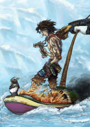 Rule 34 | 1boy, bird, boat, fire, freckles, hat, jewelry, k-el-p, male focus, map, necklace, ocean, one piece, outdoors, penguin, portgas d. ace, topless male, shorts, sleeping, solo, standing, tattoo, water