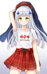 Rule 34 | 1girl, 404, arm at side, arm up, bad id, bad pixiv id, beret, blue jacket, blunt bangs, blush, clothes writing, collarbone, cowboy shot, facial mark, girls&#039; frontline, gradient background, green eyes, grey background, hair ornament, hat, highres, hk416 (girls&#039; frontline), holding, holding clothes, holding jacket, http status code, jacket, long hair, looking at viewer, parted lips, plaid, plaid skirt, pleated skirt, red hat, red skirt, seventeen (st17215), shirt, short sleeves, silver hair, skirt, solo, unworn jacket, very long hair, white background, white shirt