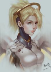 Rule 34 | 10s, 1girl, 2016, blonde hair, blue eyes, bodysuit, breasts, dated, expressionless, grey background, halo, high ponytail, highres, lips, mechanical halo, mechanical wings, medium breasts, mercy (overwatch), nose, overwatch, overwatch 1, realistic, signature, simple background, solo, upper body, wings, yellow wings, yu xiang qiezi