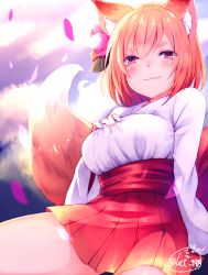 Rule 34 | 1girl, :3, animal ear fluff, animal ears, blush, breasts, chita (ketchup), closed mouth, flower, fox ears, fox girl, fox tail, hair between eyes, hair flower, hair ornament, hand on breast, highres, japanese clothes, kimono, large breasts, long sleeves, looking at viewer, orange hair, original, pleated skirt, red skirt, sash, shirt, short hair, sitting, skirt, smile, solo, tail, twitter username, white kimono, white shirt
