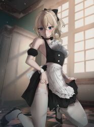 Rule 34 | 1girl, absurdres, alternate costume, apron, black bow, black dress, blonde hair, blue eyes, blush, bow, breasts, clothes lift, dress, dress lift, enmaided, feint721, frills, garter straps, genshin impact, hair bow, high heels, highres, indoors, jean (genshin impact), kneeling, large breasts, lifting own clothes, long hair, looking at viewer, maid, maid apron, ponytail, pumps, simple background, solo, thighhighs, thighs, white background, white thighhighs, window