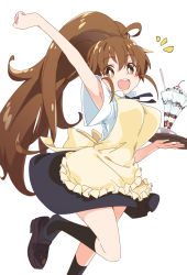 Rule 34 | 1girl, :d, ahoge, apron, black skirt, black socks, breasts, bright pupils, brown eyes, brown hair, holding, holding tray, ixy, large breasts, long hair, looking at viewer, open mouth, parfait, ponytail, simple background, skirt, smile, socks, solo, taneshima popura, tray, white background, white pupils, working!!