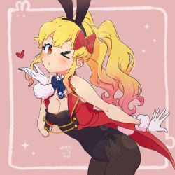 Rule 34 | &gt; o, 1girl, aiguillette, aikatsu! (series), aikatsu stars!, animal ears, artist name, bare shoulders, black hairband, black leotard, blonde hair, blowing kiss, blue bow, blue bowtie, blush, bow, bowtie, breasts, brown eyes, buttons, cleavage, commentary, covered navel, cowboy shot, dated, detached collar, double-breasted, fake animal ears, fake tail, fishnet pantyhose, fishnets, framed, from side, fur trim, gloves, gold trim, gradient hair, hair bow, hairband, heart, highres, jacket, leaning forward, leotard, long hair, looking at viewer, medium breasts, multicolored hair, nijino yume, one eye closed, open clothes, open jacket, pantyhose, pink background, pink hair, playboy bunny, puckered lips, rabbit ears, rabbit tail, red bow, red jacket, s4 uniform, side-tie leotard, signature, simple background, sleeveless, sleeveless jacket, solo, star (symbol), star print, strapless, strapless leotard, susinoyama, tail, twintails, wavy hair, white gloves, wrist cuffs