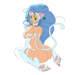 Rule 34 | 1girl, ahoge, animal ears, animal hands, ark (morita hitomi), ass, bad deviantart id, bad id, big hair, blue hair, breasts, bug, butterfly, capcom, cat ears, cat tail, colorized, felicia (vampire), from behind, gigazemus, green eyes, hairband, huge ahoge, insect, large breasts, long hair, looking back, open mouth, sitting, solo, tail, vampire (game), wariza