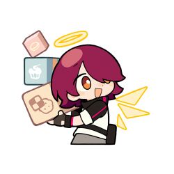 Rule 34 | 1girl, arknights, belt, belt bag, black bag, black belt, black gloves, black sleeves, black wristband, blush stickers, box, box stack, brown eyes, chinese commentary, collared shirt, commentary request, cropped legs, crystal wings, deformed, detached wings, exusiai (arknights), fingerless gloves, gloves, grey pants, hair over one eye, halo, high belt, high collar, holding, holding box, looking back, open mouth, outline, pants, pink hair, shirt, short hair, short sleeves, smile, solo, traditional halo, transparent background, weizhi ning xiaoxi weizhi, white outline, white shirt, wings, yellow halo, yellow wings