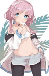 Rule 34 | 1girl, aged down, arknights, bikini, bikini top only, black thighhighs, blue eyes, blue poison (arknights), blue shorts, blush, braid, choker, closed mouth, collarbone, commentary request, earrings, headband, highres, jacket, jacket partially removed, jewelry, long hair, long sleeves, looking at viewer, navel, official alternate costume, parted bangs, pink choker, pink hair, short shorts, shorts, solo, sports bra, stomach, swimsuit, thighhighs, tsuna (seachicken 0141), twin braids, white background, white bikini, white headband, white jacket