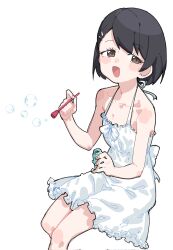 Rule 34 | 1girl, black hair, blush, breasts, bubble, bubble pipe, dress, feet out of frame, fugota6509, highres, idolmaster, idolmaster cinderella girls, invisible chair, looking at viewer, sasaki chie, short hair, simple background, sitting, sleeveless, sleeveless dress, small breasts, smile, solo, sundress, white background, white dress