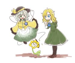 Rule 34 | 2girls, :d, arm behind back, ascot, black hat, blonde hair, blue eyes, blush, bow, brown footwear, clenched teeth, closed mouth, crossover, dress, flower, flowey (undertale), flying, full body, green dress, green eyes, green hair, hair between eyes, hat, hat bow, heart, heart of string, ib (kouri), iiwake, juliet sleeves, komeiji koishi, loafers, long sleeves, looking at another, mary (ib), multiple crossover, multiple girls, open mouth, puffy sleeves, shoes, simple background, skirt, sleeves past wrists, smile, standing, sweat, teeth, third eye, touhou, undertale, white background, yellow bow