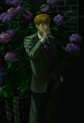 Rule 34 | 1boy, absurdres, brick wall, buttoned cuffs, buttons, cigarette, collared shirt, flower, formal, grey jacket, grey pants, hand in pocket, hand up, highres, holding, holding cigarette, hydrangea, jacket, looking at viewer, m psycho 83, male focus, necktie, night, orange hair, outdoors, pants, reigen arataka, shirt, short hair, smoke, smoking, solo, standing, suit, white shirt