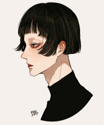 Rule 34 | 1boy, absurdres, black shirt, blunt bangs, blunt ends, bob cut, brown eyes, brown hair, closed mouth, from side, highres, kagoya1219, male focus, original, portrait, profile, shirt, short hair, signature, simple background, solo, turtleneck, white background