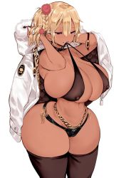 Rule 34 | 1girl, animal print, ass, bikini, blonde hair, breasts, cameltoe, choker, covered erect nipples, curvy, dark-skinned female, dark skin, gyaru, hair ornament, huge ass, inui achu, jacket, large breasts, mouth hold, original, swimsuit, thick thighs, thighhighs, thighs, tiger print, wide hips, wristband