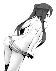 Rule 34 | 1girl, ass, back, bad id, bad pixiv id, dutch angle, female focus, from behind, greyscale, long hair, looking back, monochrome, original, panties, simple background, solo, standing, striped clothes, striped panties, topless, twintails, underwear, undressing, white background, zenn