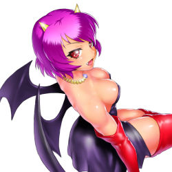 Rule 34 | 1girl, bare shoulders, bat wings, black dress, blush, boots, breasts, cleavage, collar, demon, demon girl, dress, elbow gloves, face, fang, fangs, female focus, fever powerful, from above, gloves, horns, jam (fever powerful), jewelry, looking at viewer, looking back, naughty face, necklace, onsoku inu, open mouth, purple hair, red eyes, short hair, sideboob, sitting, smile, solo, strapless, strapless dress, thigh boots, thighhighs, thighs, wings, zettai ryouiki
