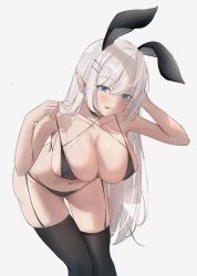 Rule 34 | 1girl, :p, absurdres, animal ears, bent over, bikini, black bikini, black thighhighs, blue eyes, blush, breasts, cleavage, collarbone, ear piercing, elf, garter straps, grey background, hair ornament, highres, large breasts, looking at viewer, mole, mole on breast, navel, original, piercing, po ppe, pointy ears, rabbit ears, sideboob, simple background, solo, swimsuit, thighhighs, thighs, tongue, tongue out, white background