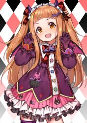 Rule 34 | 1girl, :d, bat hair ornament, blunt bangs, brown hair, buttons, claw pose, commentary, dress, fangs, frilled dress, frills, gloves, hair ornament, headdress, highres, ichihara nina, idolmaster, idolmaster cinderella girls, long hair, open mouth, orange eyes, smile, solo, sunege (hp0715), two side up, very long hair