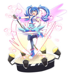 Rule 34 | 1girl, akatsu masato, blue angel, blue eyes, blue hair, blue neckwear, boots, detached wings, earrings, full body, heart, heart earrings, jewelry, microphone, one eye closed, open mouth, outstretched arms, sleeveless, smile, solo, stage, stage lights, standing, standing on one leg, thighhighs, twintails, wings, yu-gi-oh!, yu-gi-oh! vrains, yuu-gi-ou, yuu-gi-ou vrains, zaizen aoi, zettai ryouiki
