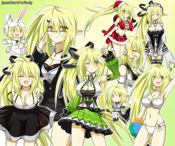 Rule 34 | 6+girls, alternate costume, animal costume, arm up, armpits, artist name, ball, beachball, bespectacled, bikini, black ribbon, black skirt, boots, breasts, chibi, cleavage, closed eyes, detached sleeves, elbow gloves, elsword, enmaided, flower, glasses, gloves, green eyes, green hair, green skirt, hair flower, hair ornament, hair ribbon, hat, headset, jazz9207, jewelry, large breasts, long hair, maid, maid headdress, multiple girls, multiple persona, necklace, one eye closed, pointy ears, ponytail, rabbit costume, red footwear, red gloves, red skirt, rena erindel, ribbon, santa boots, santa hat, skirt, smile, swimsuit, v arms, white bikini, wind sneaker (elsword)