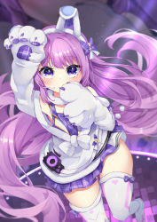 Rule 34 | absurdres, animal ears, animal hands, arm up, azur lane, blush, bow, claw pose, claws, ebichiri sunday, fake animal ears, gloves, hand to own mouth, hand up, highres, long hair, looking at viewer, microphone, paw gloves, pink hair, plaid, plaid bow, plaid skirt, purple eyes, purple skirt, shirt, skirt, sleeveless, sleeveless shirt, tashkent (azur lane), thighhighs, very long hair, white thighhighs, zettai ryouiki