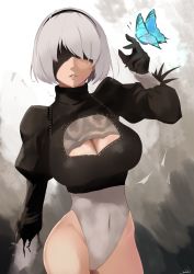 Rule 34 | 1girl, bare legs, black gloves, blindfold, blouse, bodysuit, breasts, bug, butterfly, gloves, grey background, grey hair, highres, insect, kasumi saika, nier:automata, nier (series), open mouth, shirt, short hair, solo, 2b (nier:automata)
